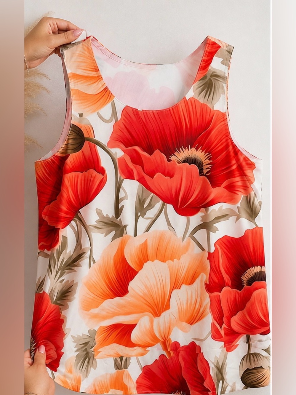 Floral Sleeveless Blouse XL Red Orange Poppy Print Lightweight Summer Top